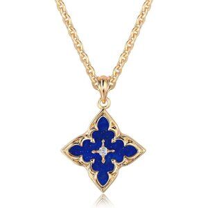 Gold Clover Necklace Women Dainty 14K Gold Dark Blue Pendant Adjustable Chain